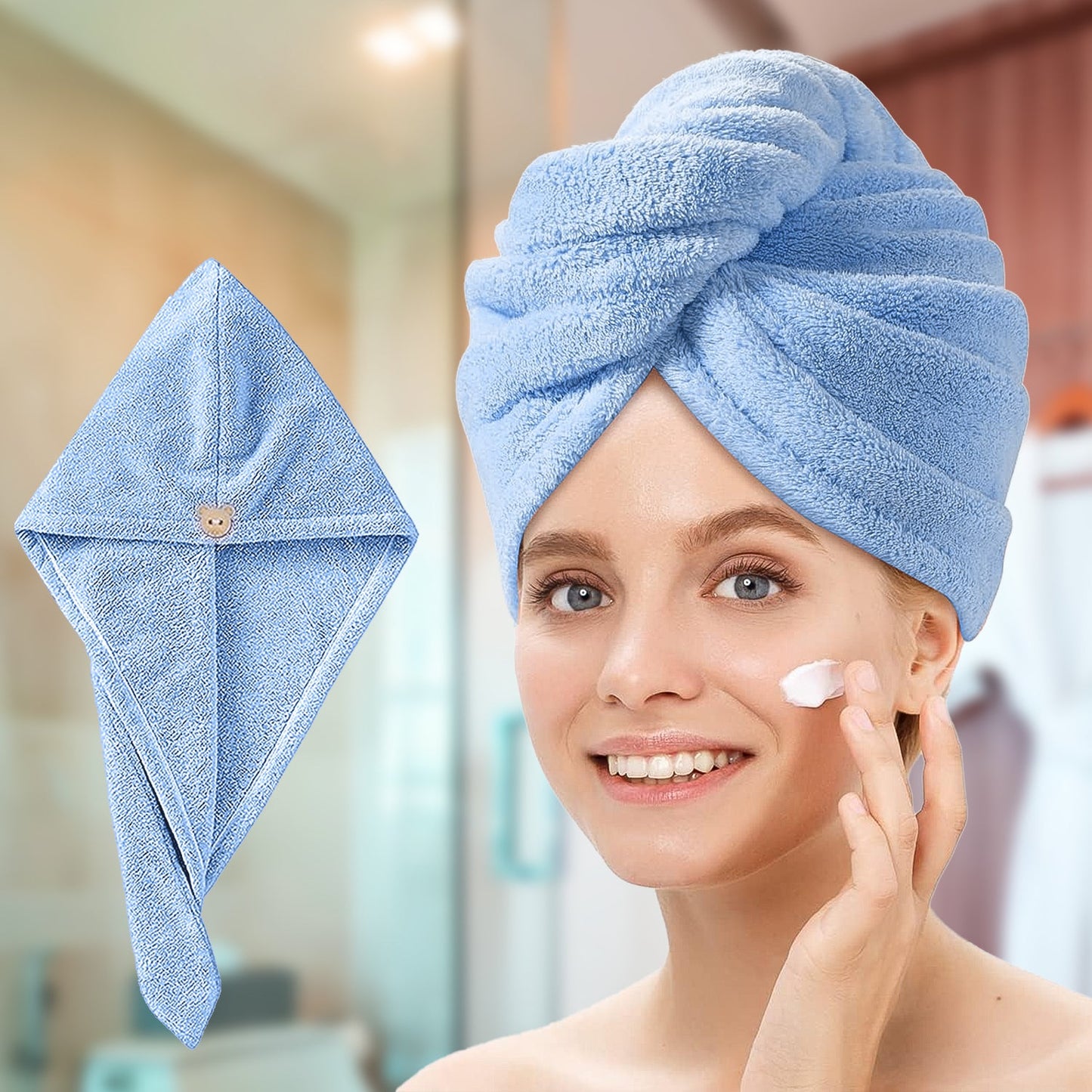 Quick Drying Microfiber Hair Towel Wrap for Women, Super Absorbent with Elastic Loop (Sky Blue)