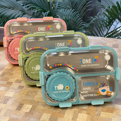 SmartMeal Stainless Steel Bento Lunch Box (3 Grid) with Bowl - 100% Leakproof