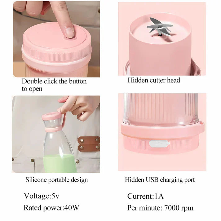 BLENDER PORTABLE JUICER FOR SMOOTHIE , JUICE , VEGETABLE SHAKES WITH 6 BLADES WIRELESS CHARGING MINI PERSONAL SIZE MIXER BOTTLE GRINDER, 420 ML MULTICOLOR