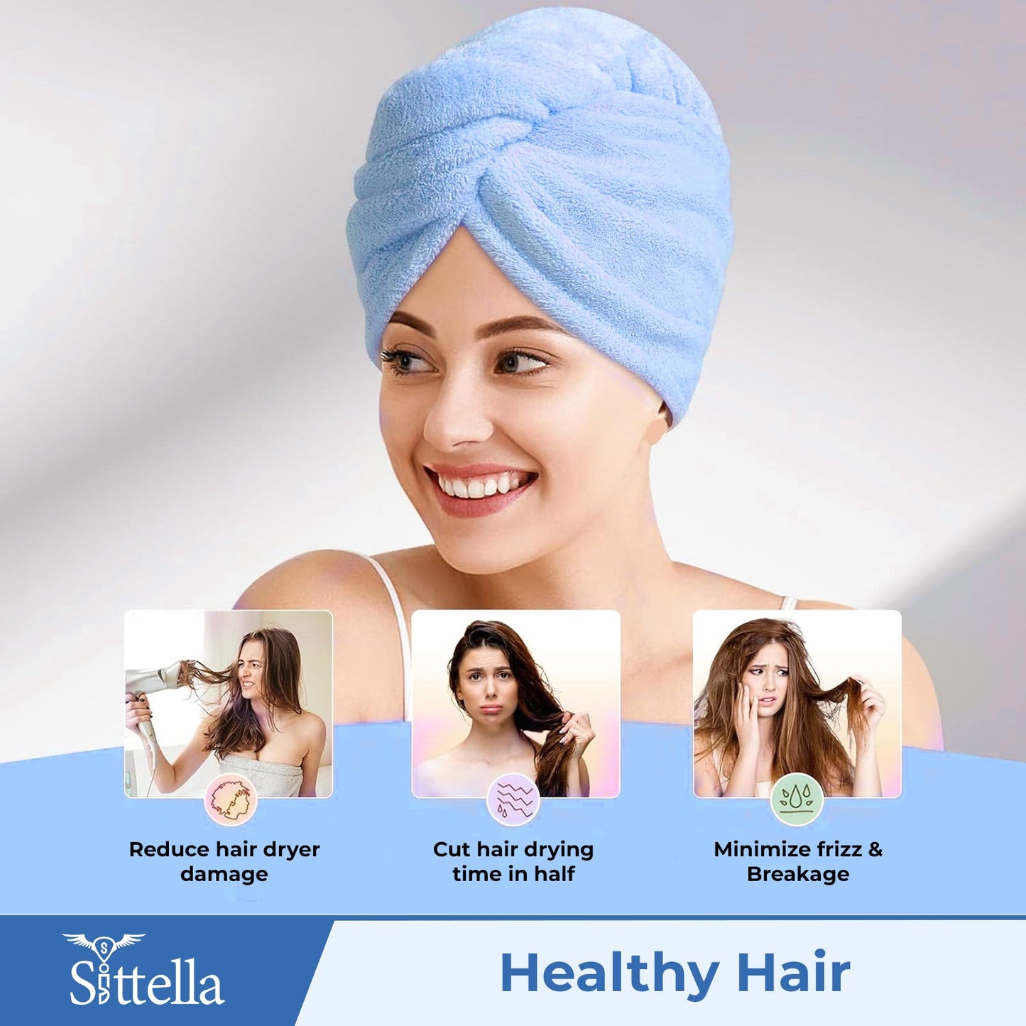 Quick Drying Microfiber Hair Towel Wrap for Women, Super Absorbent with Elastic Loop (Sky Blue)