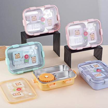 Stainless Steel Bear Family Bento Lunch Box (3 Grid) With Bowl for Kids
