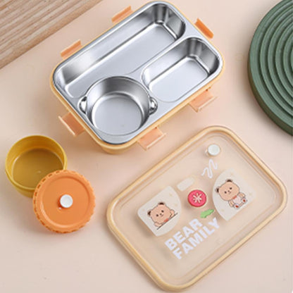 Stainless Steel Bear Family Bento Lunch Box (3 Grid) With Bowl for Kids