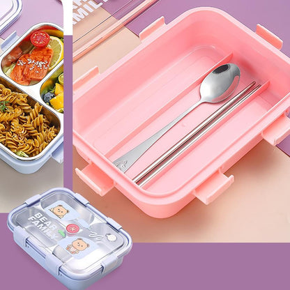 Stainless Steel Bear Family Bento Lunch Box (3 Grid) With Bowl for Kids