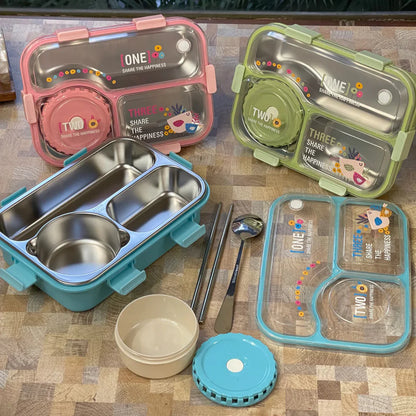 SmartMeal Stainless Steel Bento Lunch Box (3 Grid) with Bowl - 100% Leakproof