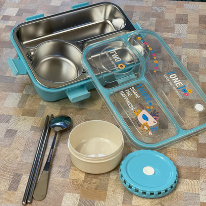 SmartMeal Stainless Steel Bento Lunch Box (3 Grid) with Bowl - 100% Leakproof