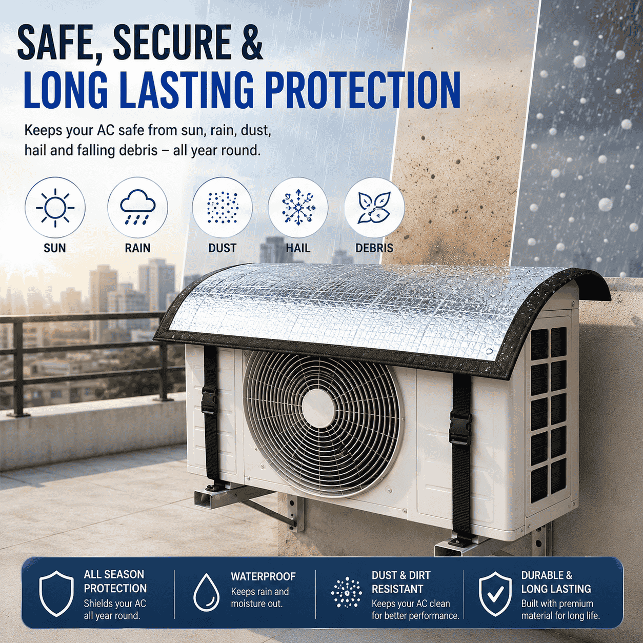 Premium AC Outdoor Unit Cover for AC | Heat Resistant Waterproof Aluminium Foil Sun Shade Cover | UV, Rain & Dust Protection for Compressor Outdoor Unit