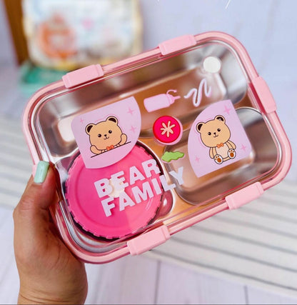 Stainless Steel Bear Family Bento Lunch Box (3 Grid) With Bowl for Kids