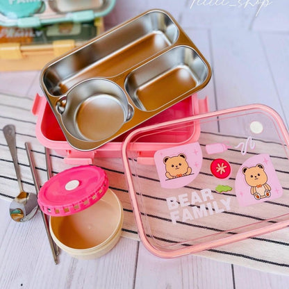 Stainless Steel Bear Family Bento Lunch Box (3 Grid) With Bowl for Kids