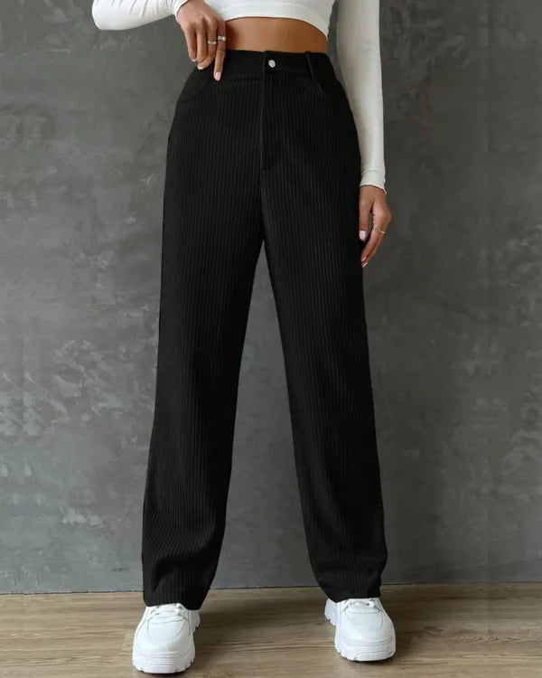 Korean High-Waist Black Corduroy Knitted Fabric Straight Women's Pants