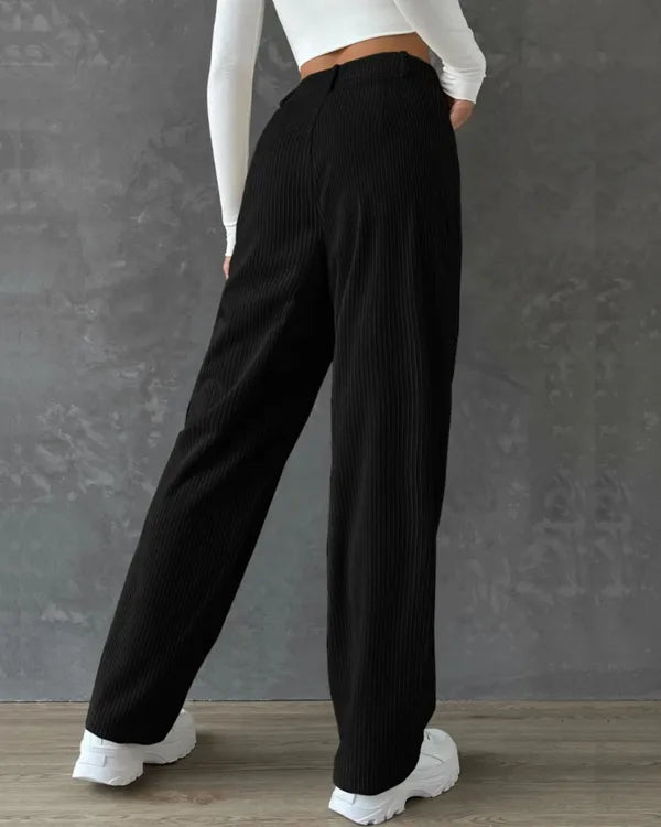 Korean High-Waist Black Corduroy Knitted Fabric Straight Women's Pants