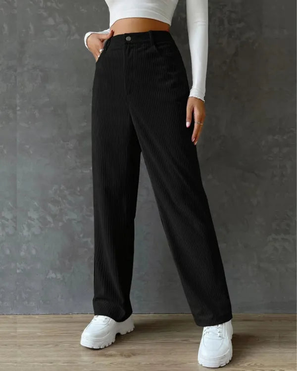 Korean High-Waist Black Corduroy Knitted Fabric Straight Women's Pants