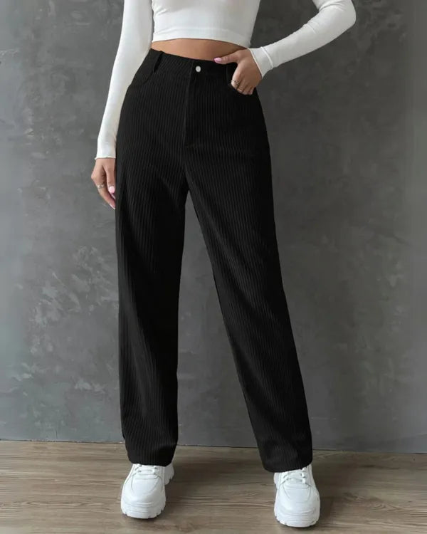 Korean High-Waist Black Corduroy Knitted Fabric Straight Women's Pants