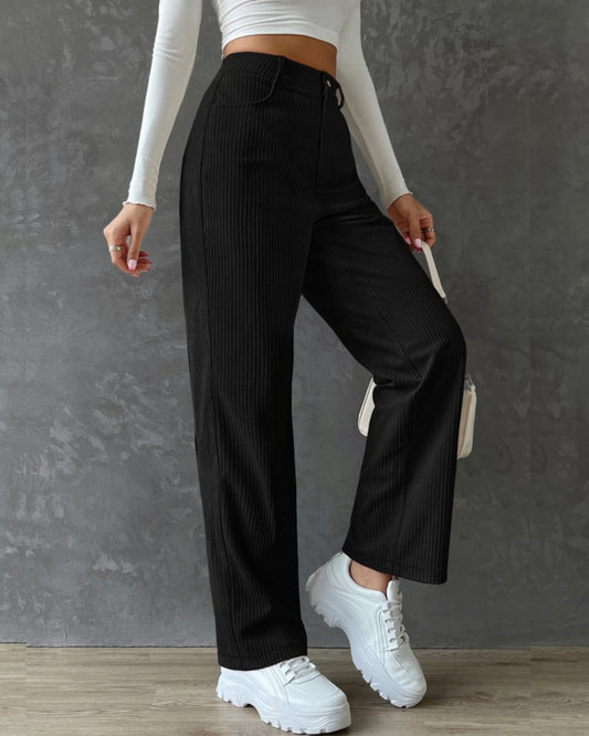 Korean High-Waist Black Corduroy Knitted Fabric Straight Women's Pants